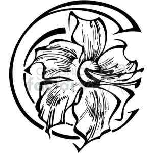 Black and white clipart image of a flower with detailed petals inside a circular frame.