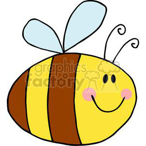 A cute and colorful clipart image of a smiling bee with blue wings, yellow and brown stripes, and antennae.