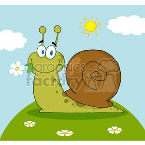   This is an image of a cartoon snail with a large brown shell, depicted in a cheerful scene. The snail is green with big eyes and has a flower in its mouth. It