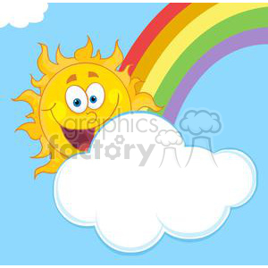4046-Happy-Sun-Mascot-Cartoon-Character-Hiding-Behind-Cloud-And-Rainbow