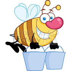 A cheerful cartoon bee with blue eyes, carrying two blue buckets while flying. The bee has a big smile, a red nose, and blue wings.