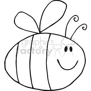 A black and white clipart image of a cute, smiling bee with two wings and antennae.