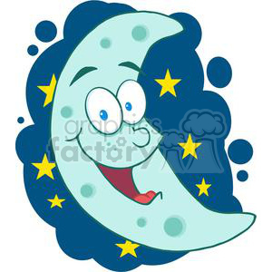 A cartoonish crescent moon with a smiling face, set against a dark blue background with scattered yellow stars.