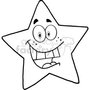 A black and white clipart image of a smiling cartoon star with expressive eyes and a wide grin.