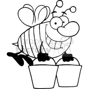 A black and white clipart image of a smiling bee holding two buckets with handles
