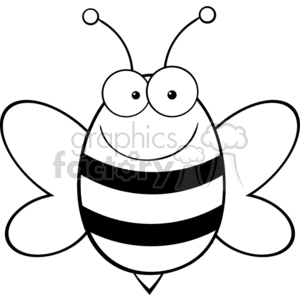 A black and white clipart image of a smiling cartoon bee with striped body and wings.