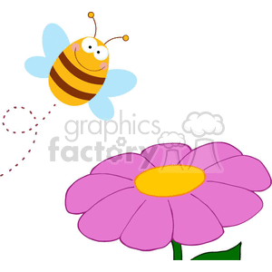 This clipart image features a cheerful cartoon bee flying towards a colorful pink flower with a yellow center.