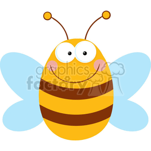 The clipart image depicts a cute smiling bee with a yellow body, brown stripes, blue wings, and antennae.