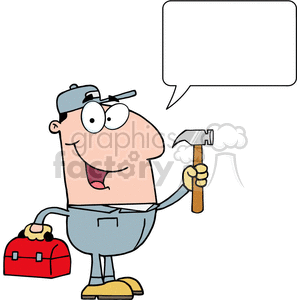 Funny Cartoon Carpenter with Hammer and Toolbox