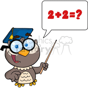 A cartoon owl character wearing glasses and a graduation cap, holding a pointer, with a speech bubble showing a math question '2+2=?'.