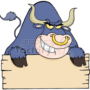 This clipart image features a cartoon character of a funny blue bull with big horns, a goofy smile, and yellow nose rings, peeking over a blank beige farm sign. The bull is leaning on the sign with its hooves visible, and its tail is playfully curled to the side.