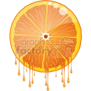 The clipart image shows a cartoon-style orange fruit that has been sliced open, with drops of juice dripping from it. The orange looks fresh and juicy, implying that it is a healthy food option.
