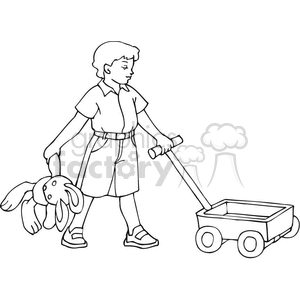 Black and white outline of a boy with a stuffed bunny and wagon