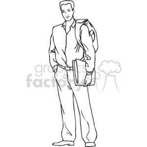 Black and white outline of a student with a binder and backpack