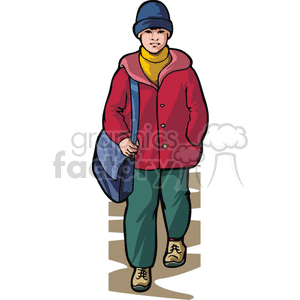 Cartoon boy walking to school with his messenger bag