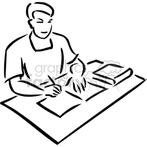 Outline illustration of a student sitting at a desk, writing in a notebook with a textbook nearby.