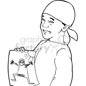 Black and white outline of boy showing his drawing 