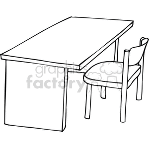 Black and white outline of a chair and desk