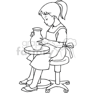 Black and white outline of a little girl doing pottery