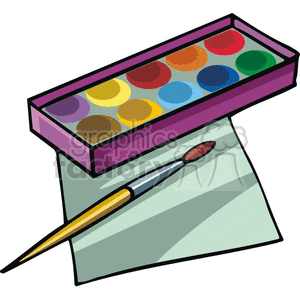 Clipart image of a paintbrush and a watercolor paint set, with paper, symbolizing art class and school supplies.