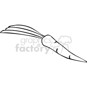 A simple black and white clipart image of a carrot with leaves.