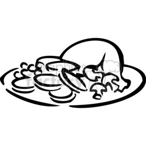 The clipart image features a plate of food which includes sliced pieces of what appears to be roasted or cooked meat, mushrooms, and possibly other vegetables or garnishes. The meat has a drumstick-like shape suggesting it could be poultry, such as chicken or turkey, while the sliced round items could be either more mushrooms or another type of vegetable accompaniment. The style is simple with bold outlines and no shading or color, typical for clipart.