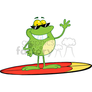 The clipart image depicts a cartoon frog with a joyful expression, standing on a surfboard. The frog is predominantly green with a lighter belly and has big, bulging yellow eyes covered by black sunglasses. It's waving with one hand, and the surfboard has a bright design with red and yellow colors.