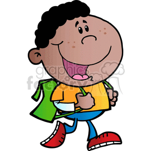   This clipart image features a cartoon of a boy who appears to be a school student. He has a cheerful and silly expression, with a big open-mouthed smile, displaying his tongue and one visible tooth. His hair is black and curly. He is carrying a green backpack on one shoulder and holding an apple by the stem in his other hand, suggesting he may be on his way to school. He
