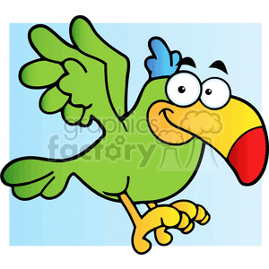 This image features a cartoon of a comical, brightly colored tropical bird in flight. The bird has a large, exaggerated beak with red, yellow, and orange hues, and it has big, round eyes that give it a surprised or goofy expression. Its wings and tail are outstretched, and its body is a vivid green. The blue stripes in the background suggest the sky, enhancing the impression that the bird is flying.