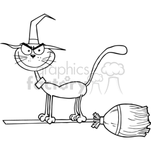 black and white cat riding on a broom