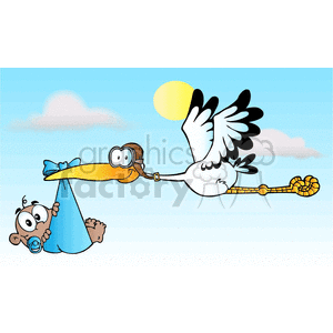 A cartoon illustration of a stork wearing aviator goggles and flying in the sky with a baby in a blue cloth bundle. The sky is blue with clouds and a sun in the background.