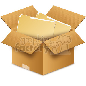 Clipart image of an open cardboard box containing several yellow file folders.