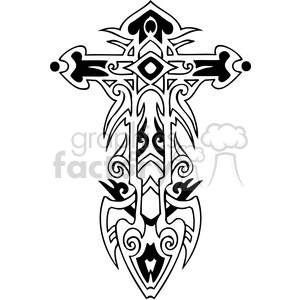 An ornate tribal tattoo-style cross featuring intricate patterns and shapes, suitable for religious or spiritual themes.