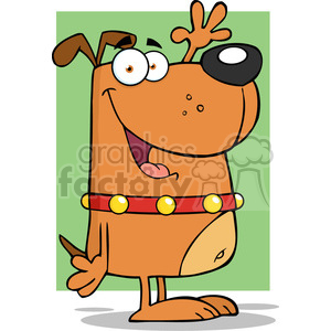 The clipart image features a cartoon dog in a whimsical, exaggerated style. This comical dog has big, bulging eyes, one of which is larger than the other. Its tongue is sticking out of a happy, open-mouthed smile. The dog is wearing a collar with yellow dots (possibly representing lights or studs). The dog's ears and tail appear animated and full of energy.