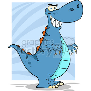 The clipart image depicts a comical blue dinosaur. The dinosaur has a humorous expression on its face, with crossed eyes and a wide grin showcasing its teeth. It has a large, rounded body with a pattern of darker blue spots and lighter blue underbelly. The back of the dinosaur is adorned with zigzagging orange spines, and it has a long tail. Its arms are raised in a slightly menacing but playful pose, with sharp claws on the fingertips, and it's standing on two legs with three-toed feet.