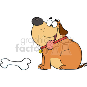 The image shows a comical cartoon depiction of a brown dog with a big nose and playful expression sitting next to a large bone. The dog looks happy and is wearing a red collar with a yellow tag.