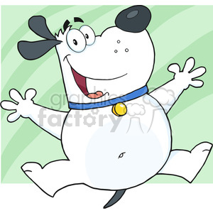 This clipart image features a happy and funny-looking white dog with black spots. The dog is cartoonish with exaggerated expressions: big eyes, a wide mouth with a tongue hanging out, and raised 'arms'. It's wearing a blue collar with a yellow tag. The dog seems to be in a playful pose, giving off an energetic and cheerful vibe. The background is a light green with a subtle stripe pattern.