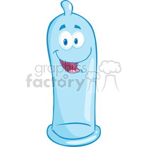 A humorous cartoon image of a smiling blue condom with a comical facial expression.