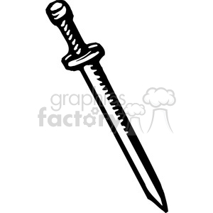 This clipart image features a stylized black and white drawing of a sword. The sword has a straight blade with a serrated back edge, a simple crossguard, and a textured handle.