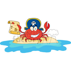 A comical illustration of a happy crab wearing a pirate hat, holding a treasure map while standing on a small island.