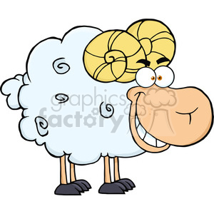 The clipart image contains a stylized, cartoonish ram with a fluffy white body and pronounced, twisted yellow horns. The ram has a large, exaggerated snout with a big satisfied smile and goofy eyes looking slightly to the side. The ram's legs are thin with small black hooves.