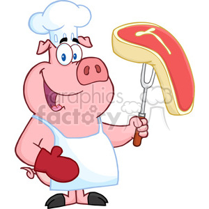 Happy-Pig-Chef-Holding-A-Fork-With-Raw-Steak