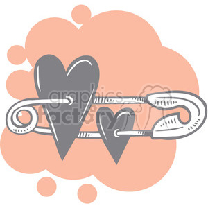 A clipart image featuring two gray hearts attached to a safety pin with a peach-colored abstract background.