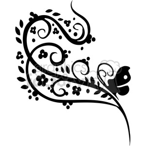 This clipart image features a decorative floral design in black, with swirling vines, leaves, and small flowers. The design has a whimsical and intricate style.