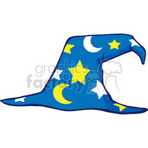 A blue wizard hat adorned with yellow stars and yellow and white crescent moons.