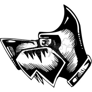 The clipart image shows a stylized depiction of an aggressive wild dog. It is designed in a bold black-and-white contrast, highlighting its sharp teeth, intense eye, and fierce expression. Suitable for vinyl decals or a tattoo design, this image illustrates ferocity and strength.