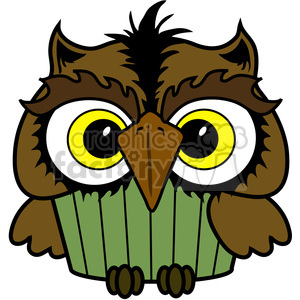 A clipart image of a stylized owl with large yellow eyes and brown feathers, resembling a cupcake with a green wrapper.