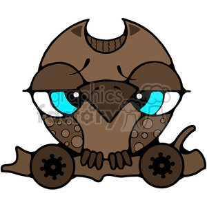 A clipart image of an adorable brown owl with intricate patterns and large blue eyes, perched on a branch with wheels, which is called a pull toy. The owl has a cartoonish and whimsical design, giving it a cute and playful appearance. 