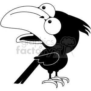 A cartoon-style black and white clipart image of a bird with large eyes and an open beak, appearing surprised or excited.