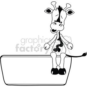 A black and white clipart image of a cartoon giraffe sitting on the edge of a rectangular tub or bathtub.
